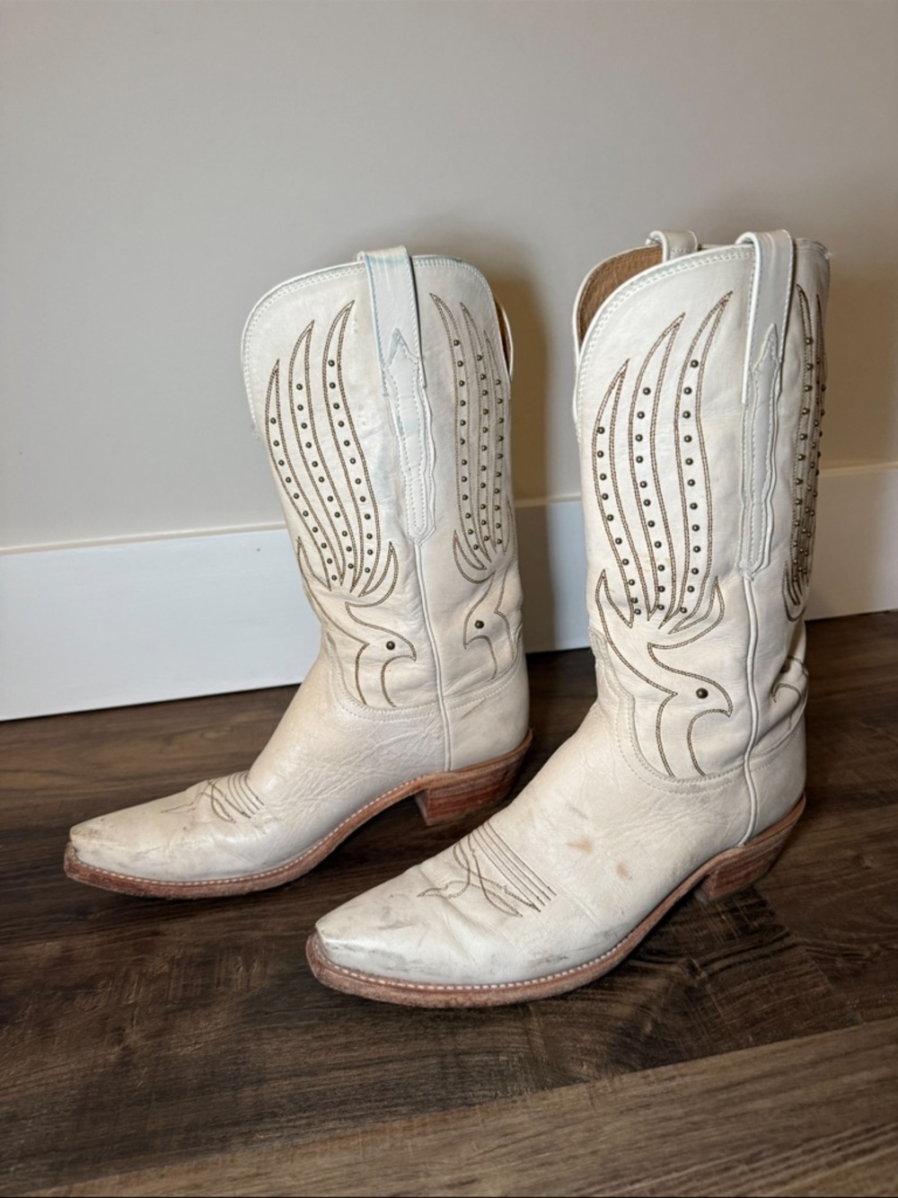 Lucchese White Leather Western Heeled Boots